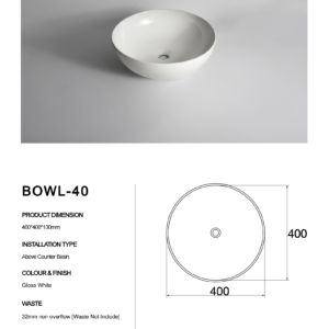 Bowl-40-Claya bathware Gloss white Round Counter Top basins