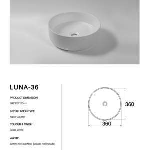 LUNA-36-Claya bathware Gloss white Round Counter Top basins