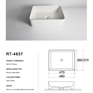RT-4837-Claya bathware Gloss white Rectangle Counter Top basins