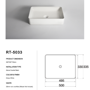 RT-5033--Claya bathware Gloss white Rectangle Counter Top basins